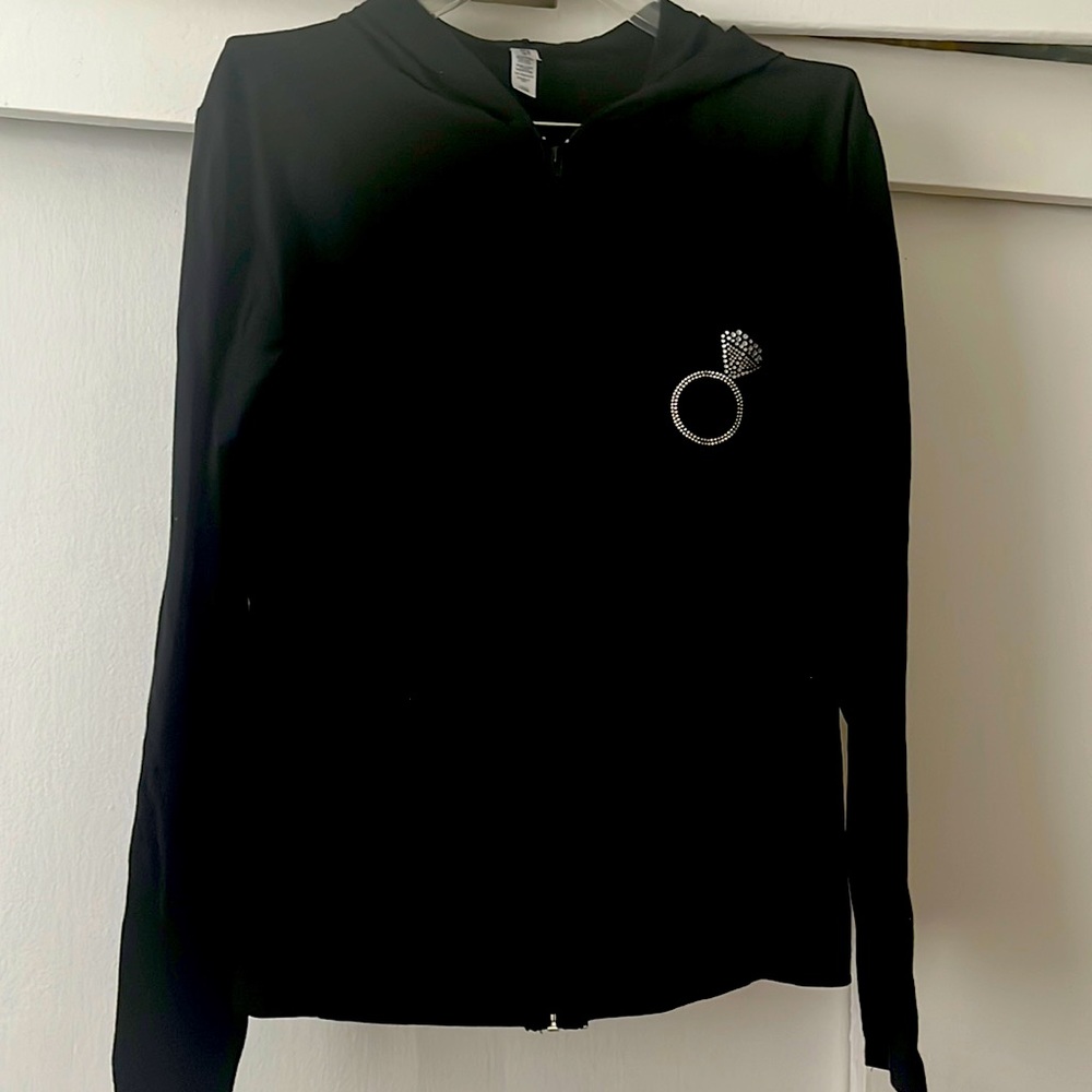 In your face black bride rhinestone jacket with hood. Size large EUC